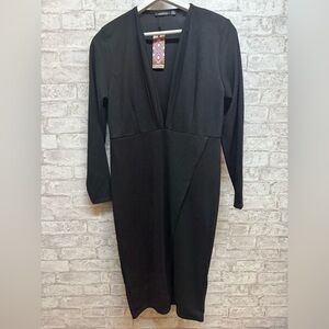 boohoo plus plunge wrap midi dress women’s black long sleeve women’s 14 NWT‎